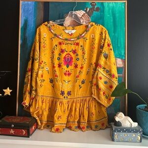 Ritu Kumar Mustard Floral Top with Beaded Neckline M